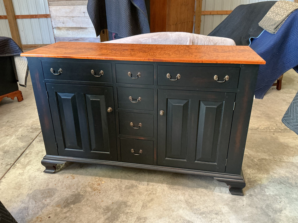 Original Lancaster County Cupboard by J.L. Treharn. Black over old maple rub with tiger maple deck in old maple stain. Brass hardware (was an upcharge)