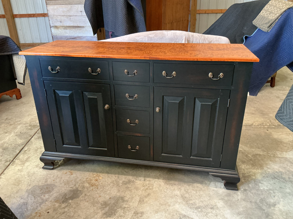 Original Lancaster County Cupboard by J.L. Treharn. Black over old maple rub with tiger maple deck in old maple stain. Brass hardware (was an upcharge)