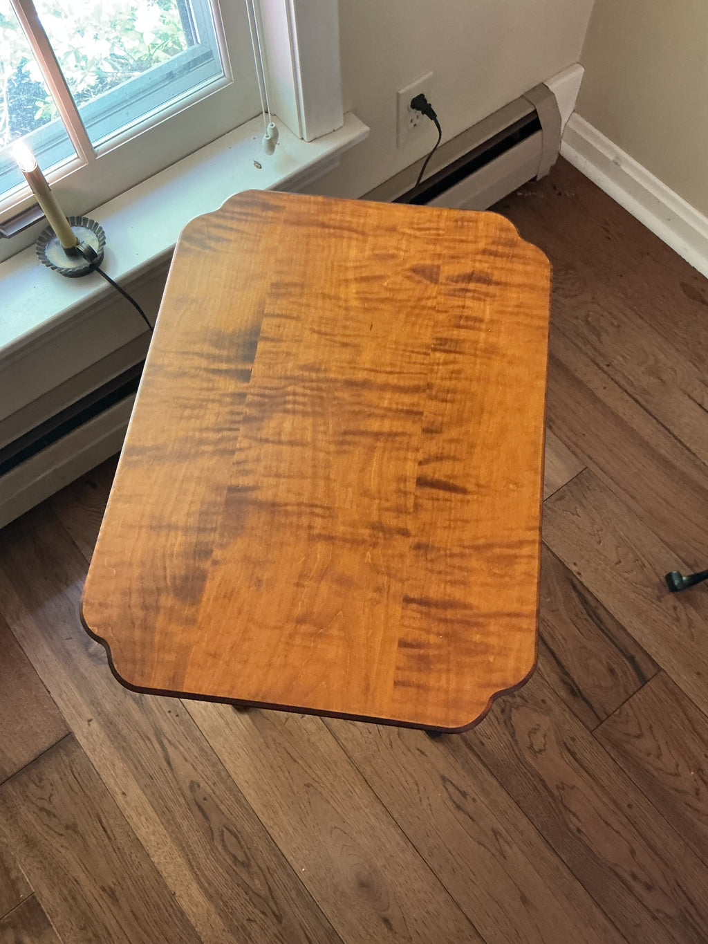 JL Treharn cookie cutter candle stand with tiger maple top. old maple finish
