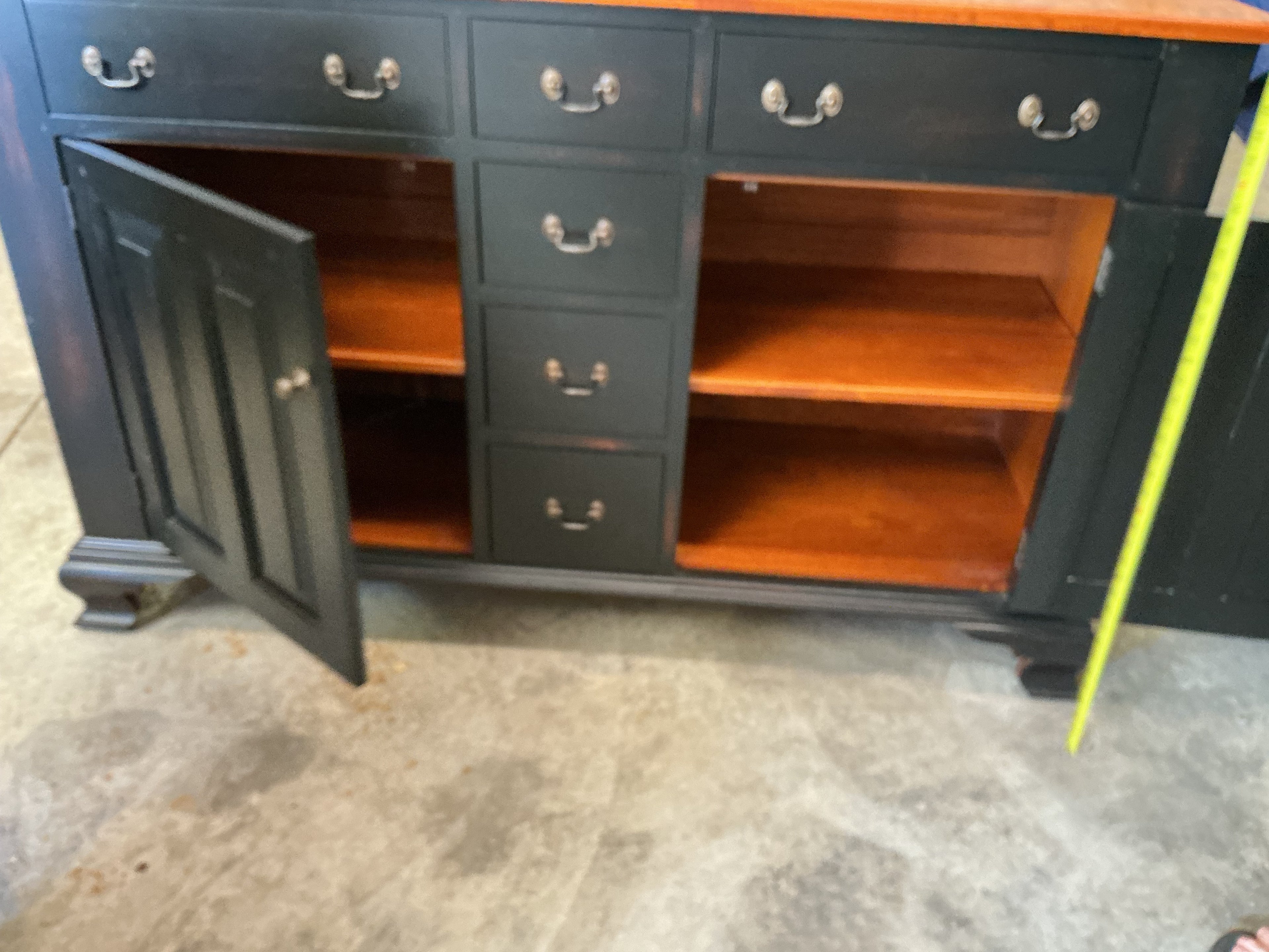 Original Lancaster County Cupboard by J.L. Treharn. Black over old maple rub with tiger maple deck in old maple stain. Brass hardware (was an upcharge)