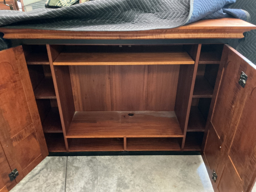 Original customer entertainment center/dresser by J.L. Treharn. Tiger maple doors and drawers in old maple finish