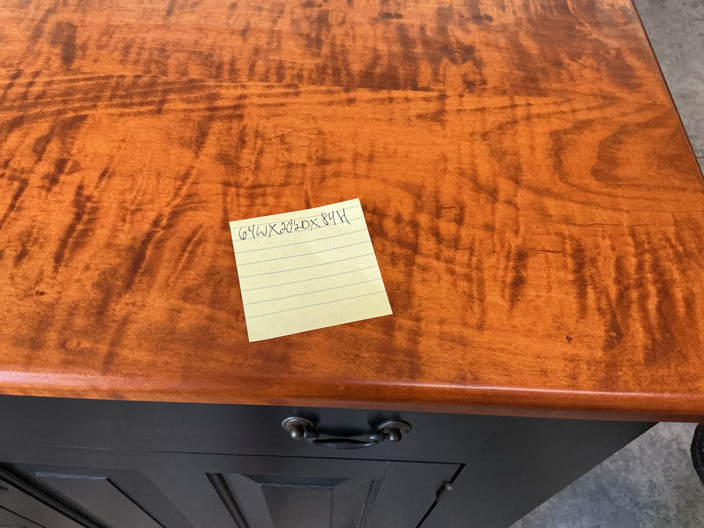 Original Lancaster County Cupboard by J.L. Treharn. Black over old maple rub with tiger maple deck in old maple stain. Brass hardware (was an upcharge)