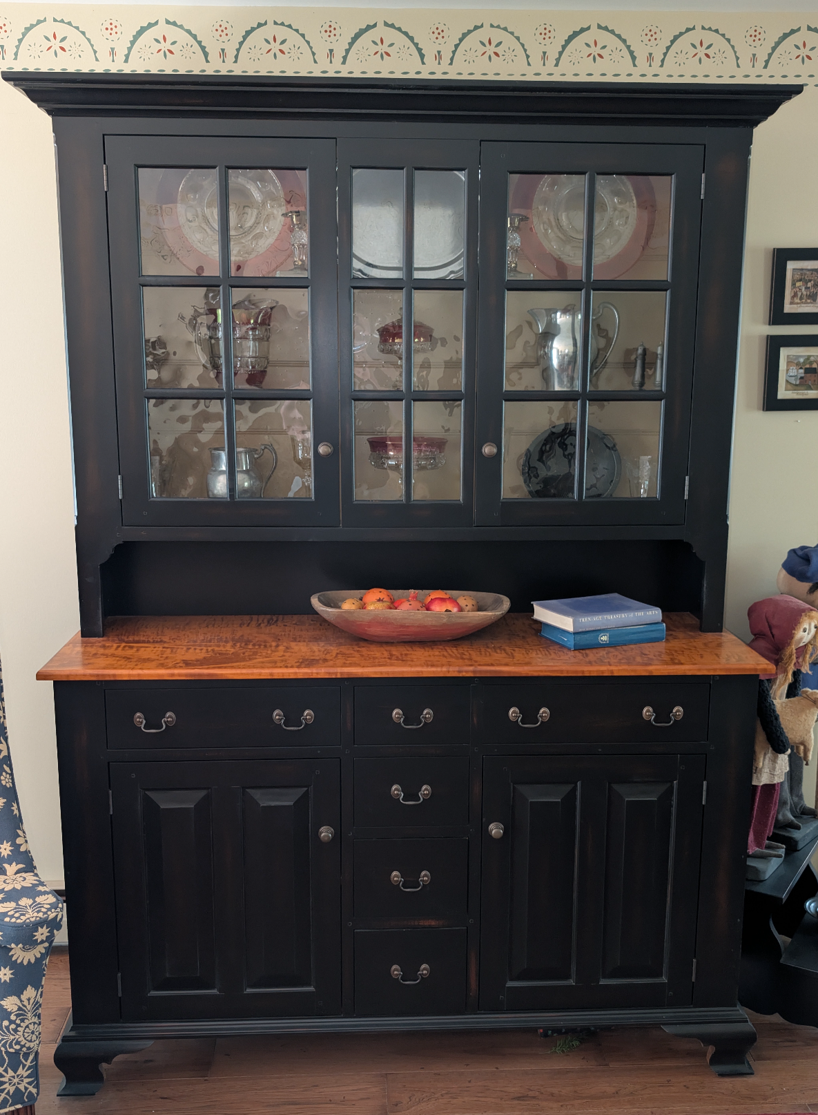 Original Lancaster County Cupboard by J.L. Treharn. Black over old maple rub with tiger maple deck in old maple stain. Brass hardware (was an upcharge)