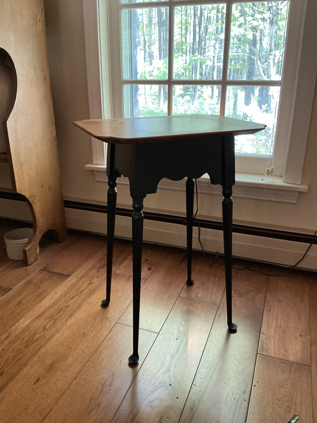 JL Treharn cookie cutter candle stand with tiger maple top. old maple finish