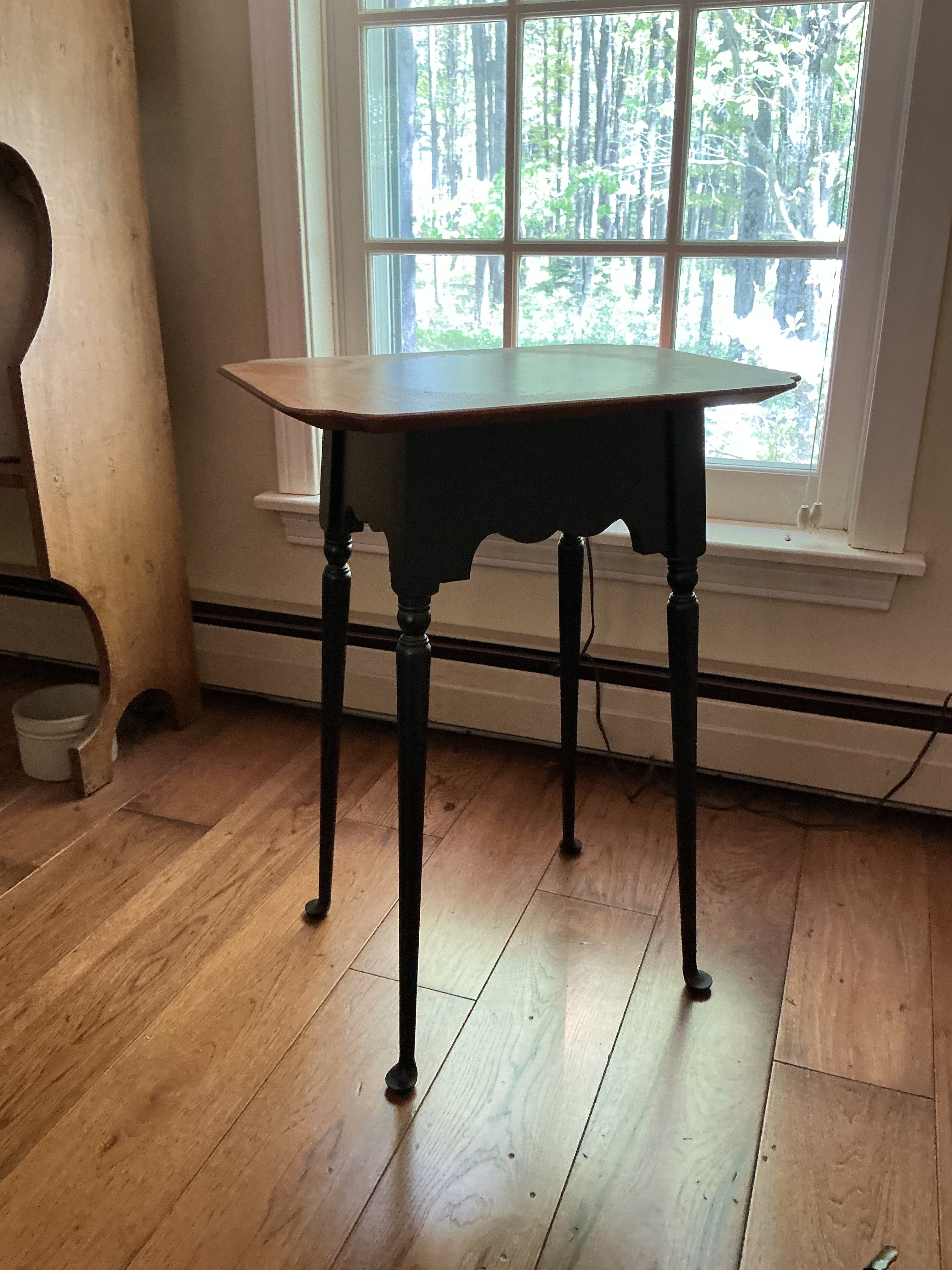 JL Treharn cookie cutter candle stand with tiger maple top. old maple finish