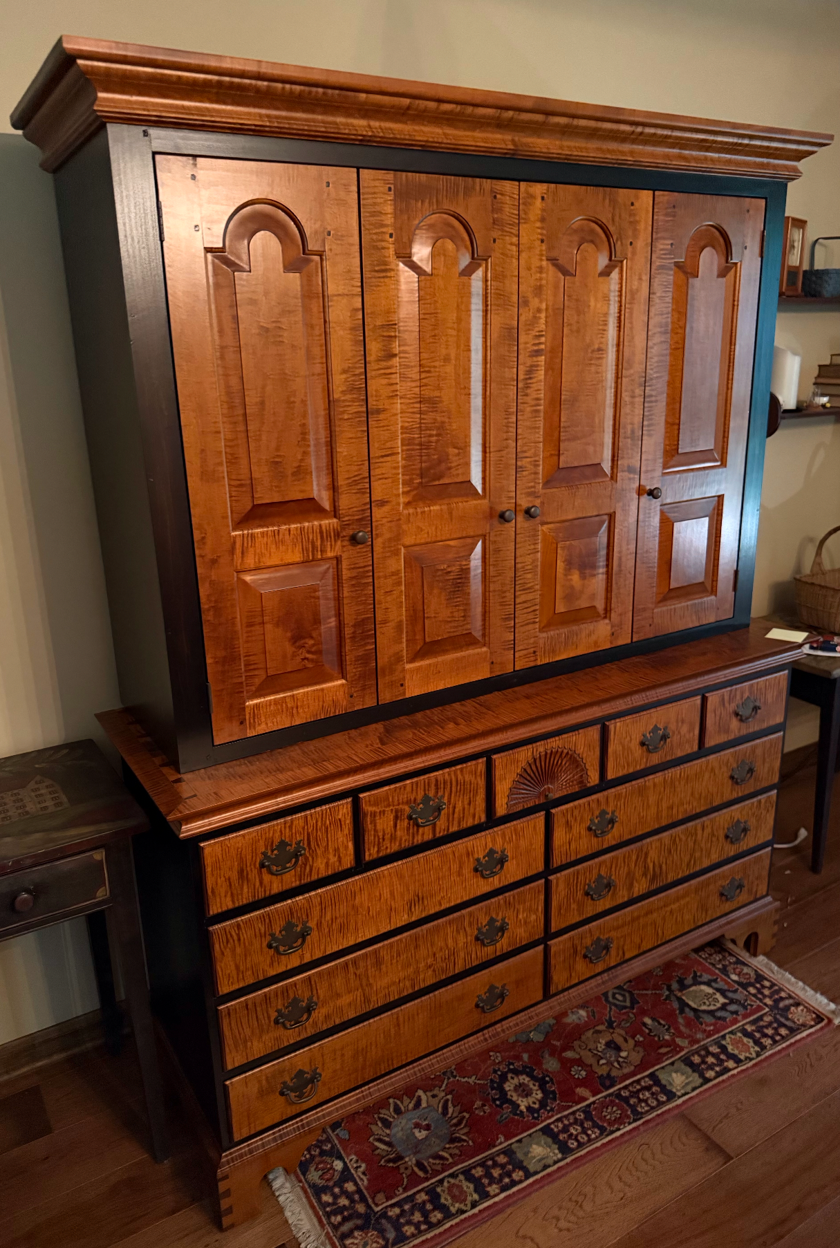 Original customer entertainment center/dresser by J.L. Treharn. Tiger maple doors and drawers in old maple finish
