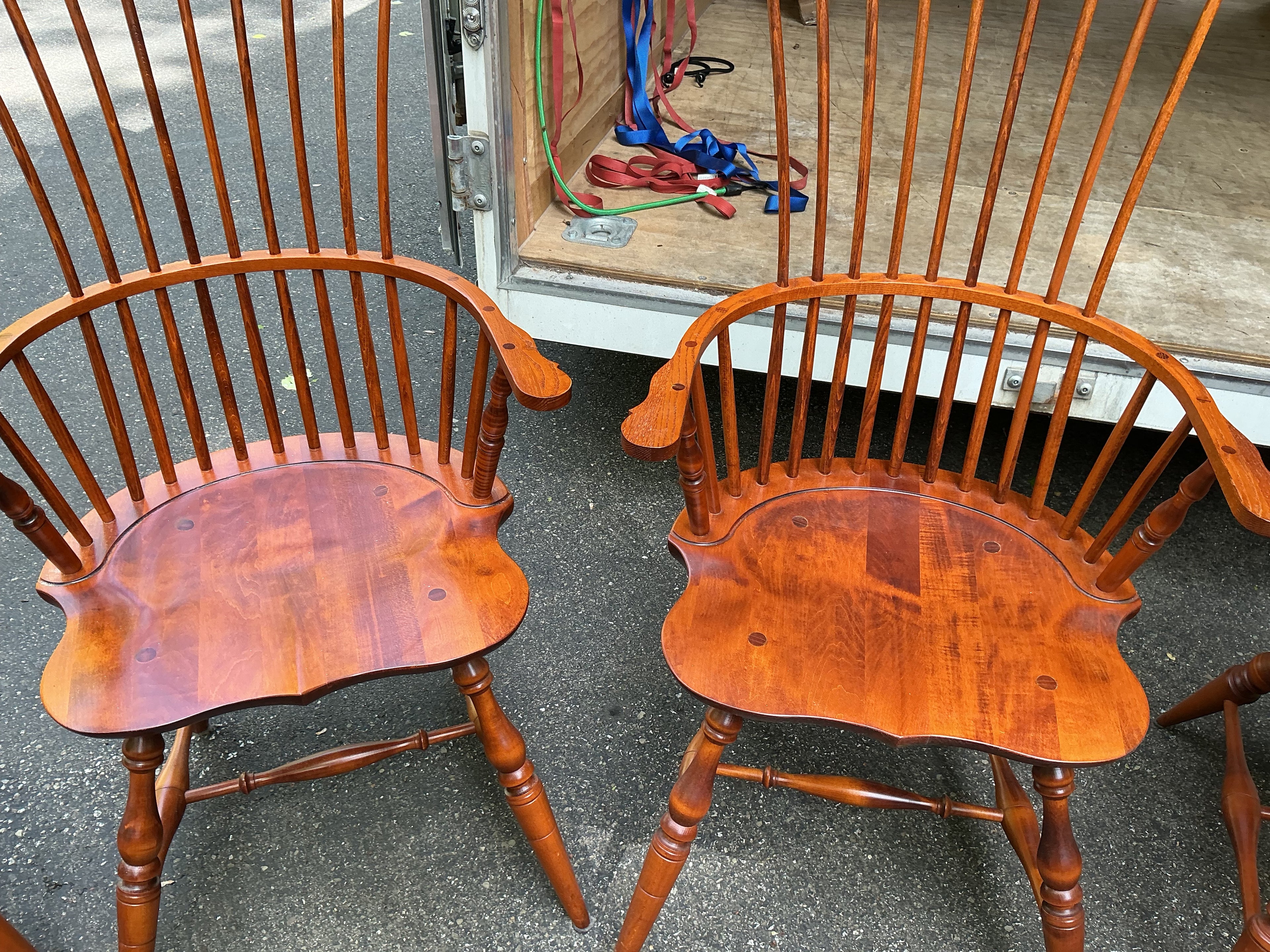 2 fanback arm chairs and 6 bowback side chairs by J.L. Treharn